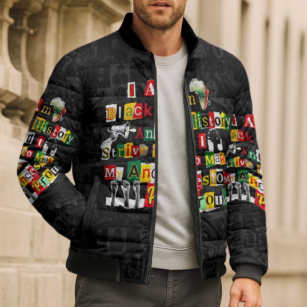 I Am Black History And I Strive To Make My Ancestor Proud Bomber Puffer Jacket with Ancestral Collage Background and Afrocentric Lettering - Wonder Print Shop