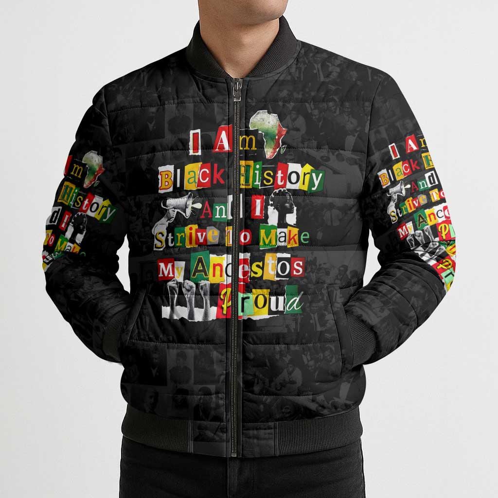 I Am Black History And I Strive To Make My Ancestor Proud Bomber Puffer Jacket with Ancestral Collage Background and Afrocentric Lettering - Wonder Print Shop