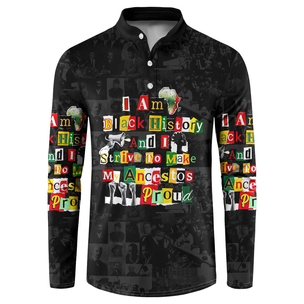 I Am Black History And I Strive To Make My Ancestor Proud Button Sweatshirt with Ancestral Collage Background and Afrocentric Lettering - Wonder Print Shop