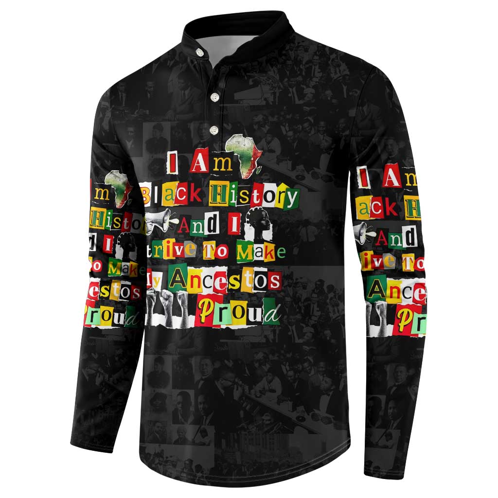 I Am Black History And I Strive To Make My Ancestor Proud Button Sweatshirt with Ancestral Collage Background and Afrocentric Lettering - Wonder Print Shop