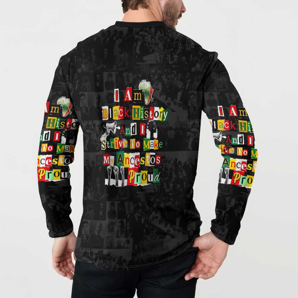 I Am Black History And I Strive To Make My Ancestor Proud Button Sweatshirt with Ancestral Collage Background and Afrocentric Lettering - Wonder Print Shop
