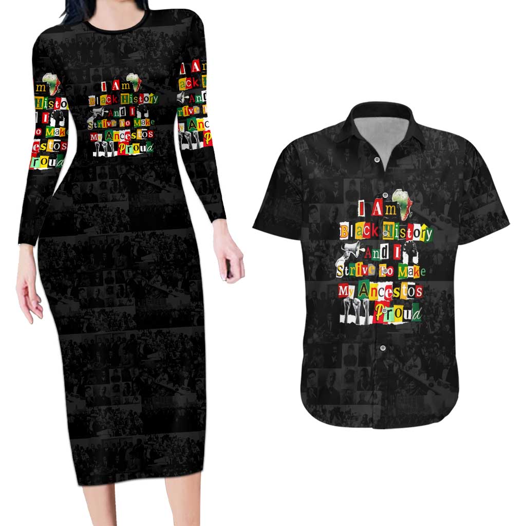I Am Black History And I Strive To Make My Ancestor Proud Couples Matching Long Sleeve Bodycon Dress and Hawaiian Shirt with Ancestral Collage Background and Afrocentric Lettering - Wonder Print Shop