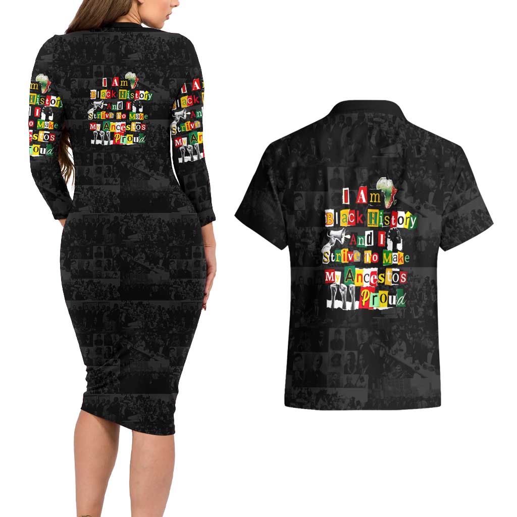 I Am Black History And I Strive To Make My Ancestor Proud Couples Matching Long Sleeve Bodycon Dress and Hawaiian Shirt with Ancestral Collage Background and Afrocentric Lettering - Wonder Print Shop