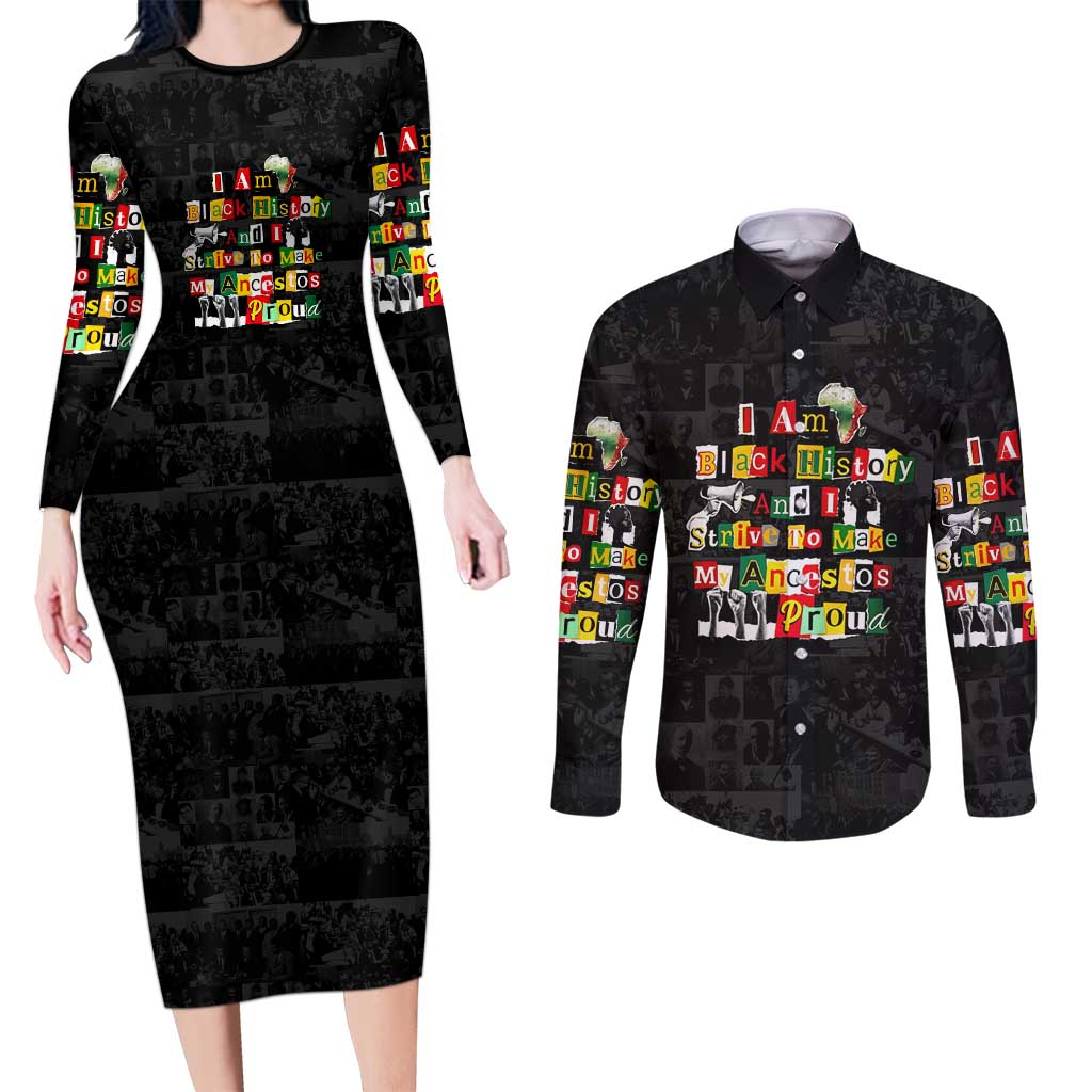 I Am Black History And I Strive To Make My Ancestor Proud Couples Matching Long Sleeve Bodycon Dress and Long Sleeve Button Shirt with Ancestral Collage Background and Afrocentric Lettering - Wonder Print Shop