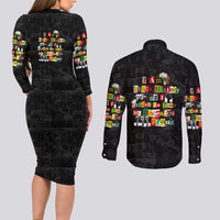 I Am Black History And I Strive To Make My Ancestor Proud Couples Matching Long Sleeve Bodycon Dress and Long Sleeve Button Shirt with Ancestral Collage Background and Afrocentric Lettering - Wonder Print Shop