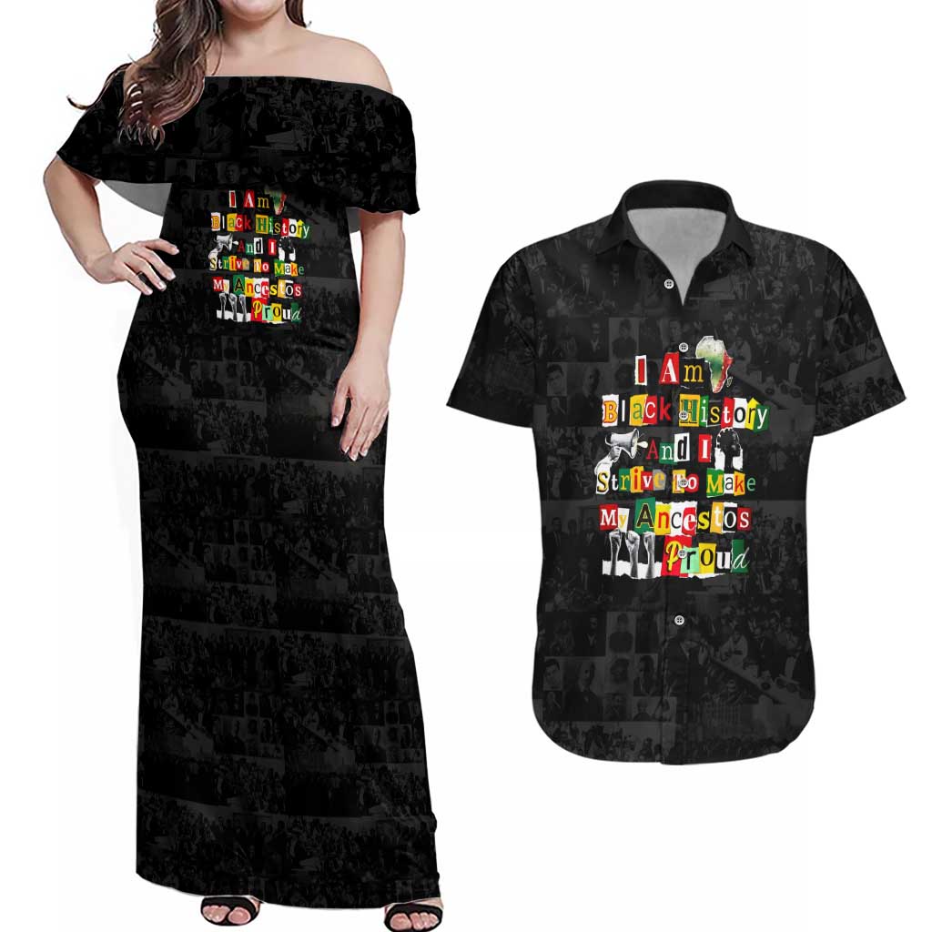 I Am Black History And I Strive To Make My Ancestor Proud Couples Matching Off Shoulder Maxi Dress and Hawaiian Shirt with Ancestral Collage Background and Afrocentric Lettering - Wonder Print Shop