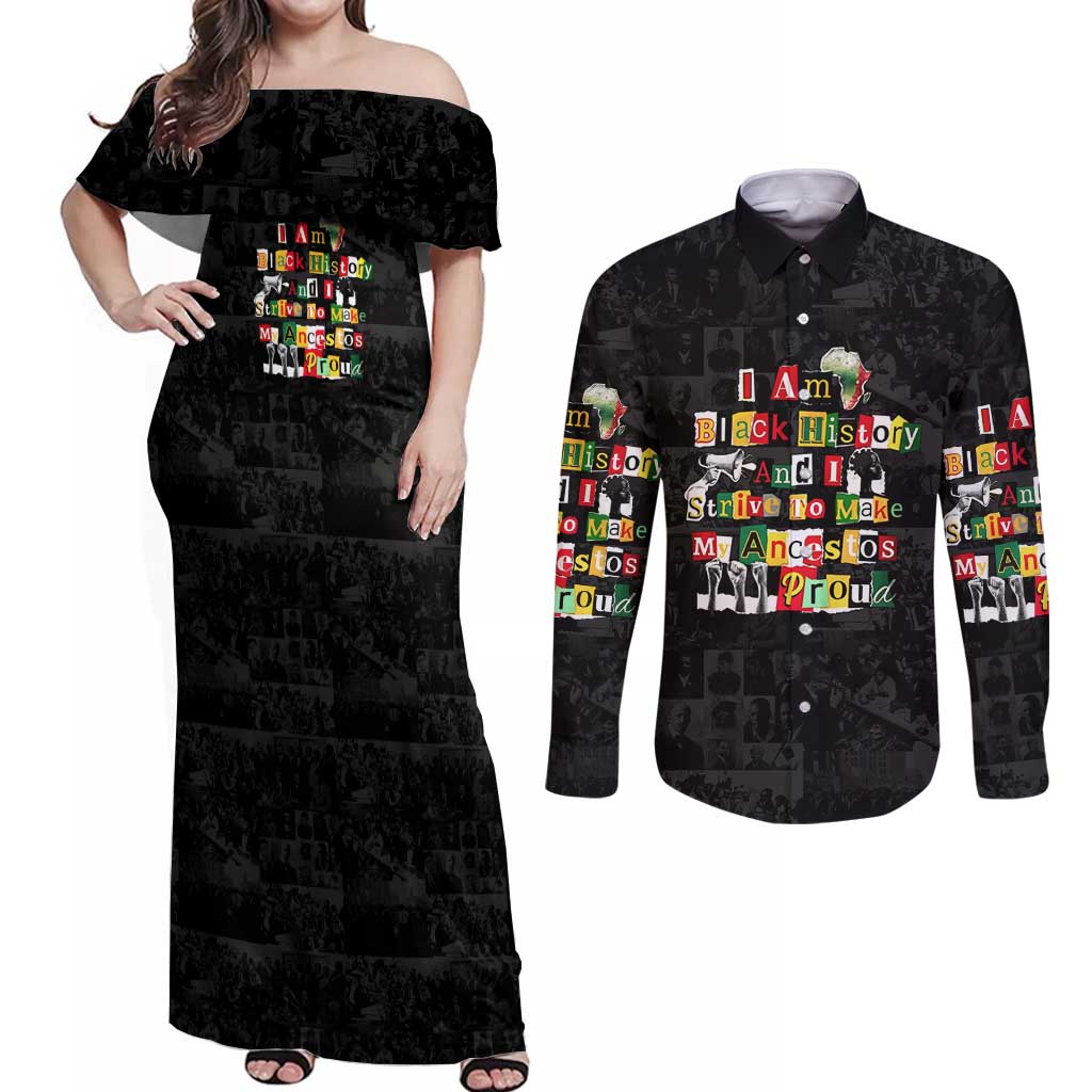 I Am Black History And I Strive To Make My Ancestor Proud Couples Matching Off Shoulder Maxi Dress and Long Sleeve Button Shirt with Ancestral Collage Background and Afrocentric Lettering - Wonder Print Shop