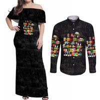 I Am Black History And I Strive To Make My Ancestor Proud Couples Matching Off Shoulder Maxi Dress and Long Sleeve Button Shirt with Ancestral Collage Background and Afrocentric Lettering - Wonder Print Shop