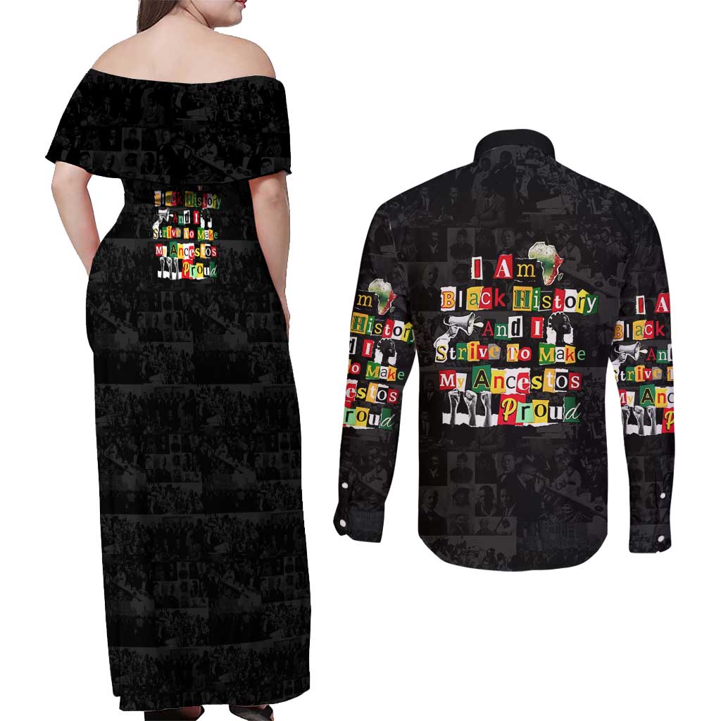 I Am Black History And I Strive To Make My Ancestor Proud Couples Matching Off Shoulder Maxi Dress and Long Sleeve Button Shirt with Ancestral Collage Background and Afrocentric Lettering - Wonder Print Shop