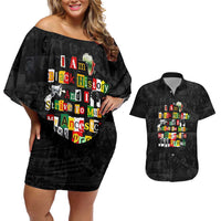 I Am Black History And I Strive To Make My Ancestor Proud Couples Matching Off Shoulder Short Dress and Hawaiian Shirt with Ancestral Collage Background and Afrocentric Lettering - Wonder Print Shop
