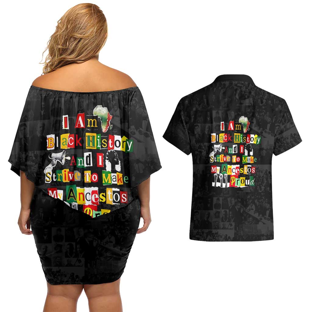 I Am Black History And I Strive To Make My Ancestor Proud Couples Matching Off Shoulder Short Dress and Hawaiian Shirt with Ancestral Collage Background and Afrocentric Lettering - Wonder Print Shop