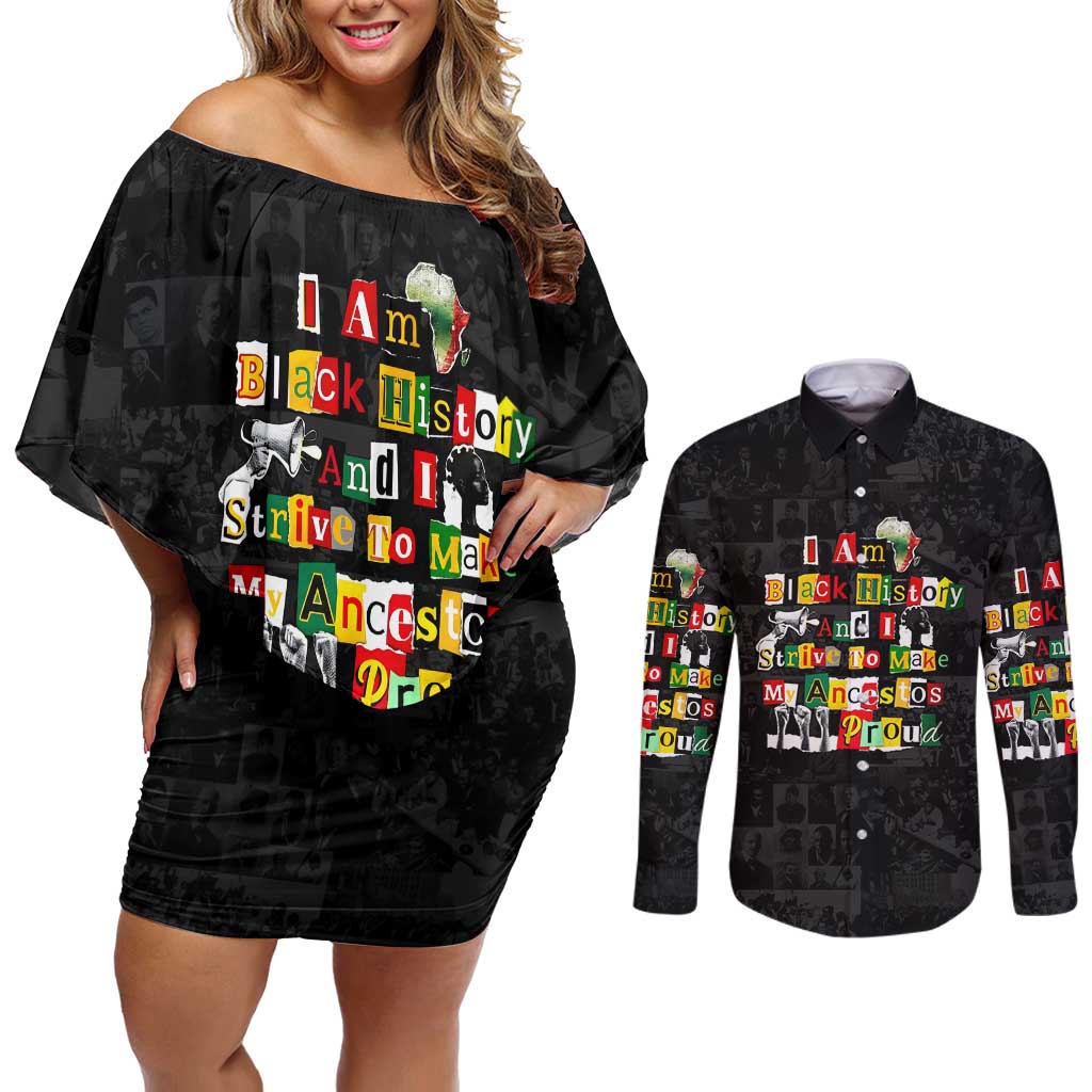 I Am Black History And I Strive To Make My Ancestor Proud Couples Matching Off Shoulder Short Dress and Long Sleeve Button Shirt with Ancestral Collage Background and Afrocentric Lettering - Wonder Print Shop