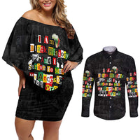 I Am Black History And I Strive To Make My Ancestor Proud Couples Matching Off Shoulder Short Dress and Long Sleeve Button Shirt with Ancestral Collage Background and Afrocentric Lettering - Wonder Print Shop