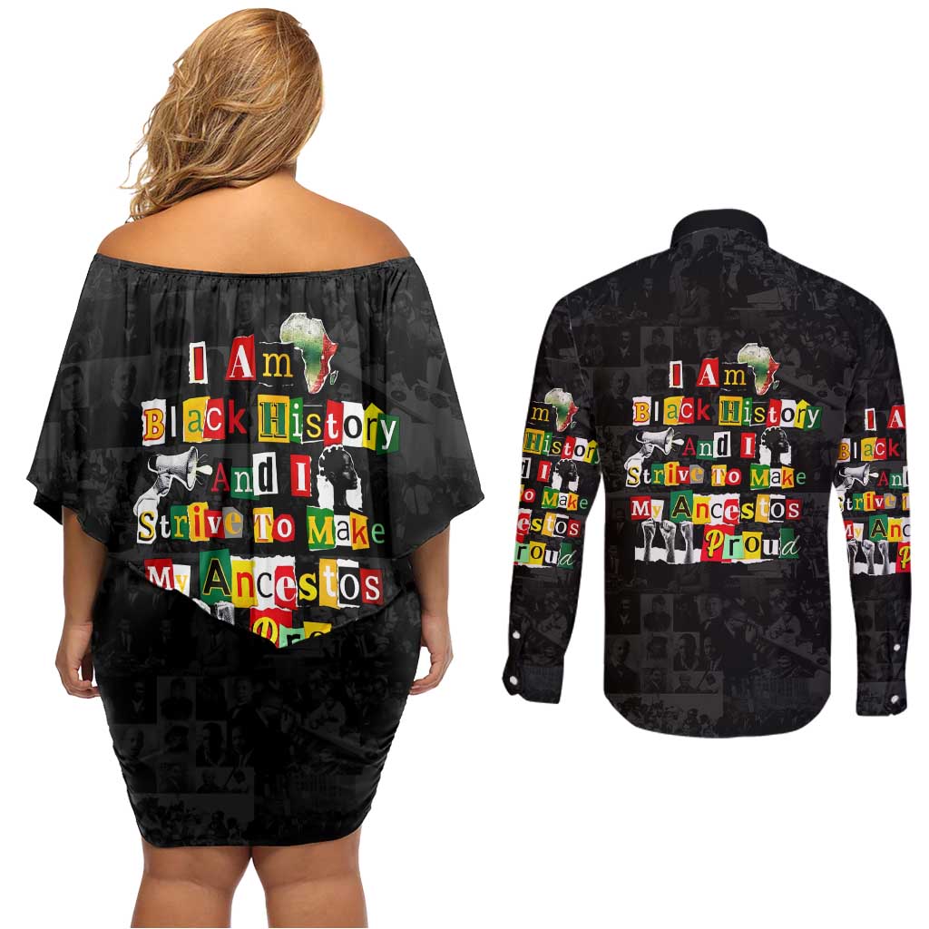 I Am Black History And I Strive To Make My Ancestor Proud Couples Matching Off Shoulder Short Dress and Long Sleeve Button Shirt with Ancestral Collage Background and Afrocentric Lettering - Wonder Print Shop