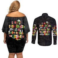 I Am Black History And I Strive To Make My Ancestor Proud Couples Matching Off Shoulder Short Dress and Long Sleeve Button Shirt with Ancestral Collage Background and Afrocentric Lettering - Wonder Print Shop