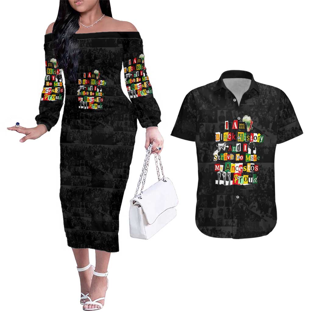 I Am Black History And I Strive To Make My Ancestor Proud Couples Matching Off The Shoulder Long Sleeve Dress and Hawaiian Shirt with Ancestral Collage Background and Afrocentric Lettering - Wonder Print Shop