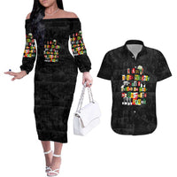 I Am Black History And I Strive To Make My Ancestor Proud Couples Matching Off The Shoulder Long Sleeve Dress and Hawaiian Shirt with Ancestral Collage Background and Afrocentric Lettering - Wonder Print Shop
