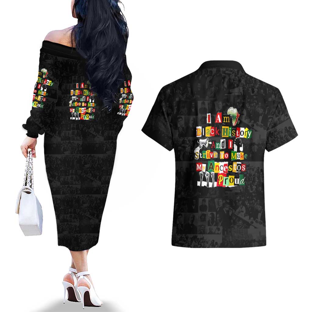 I Am Black History And I Strive To Make My Ancestor Proud Couples Matching Off The Shoulder Long Sleeve Dress and Hawaiian Shirt with Ancestral Collage Background and Afrocentric Lettering - Wonder Print Shop