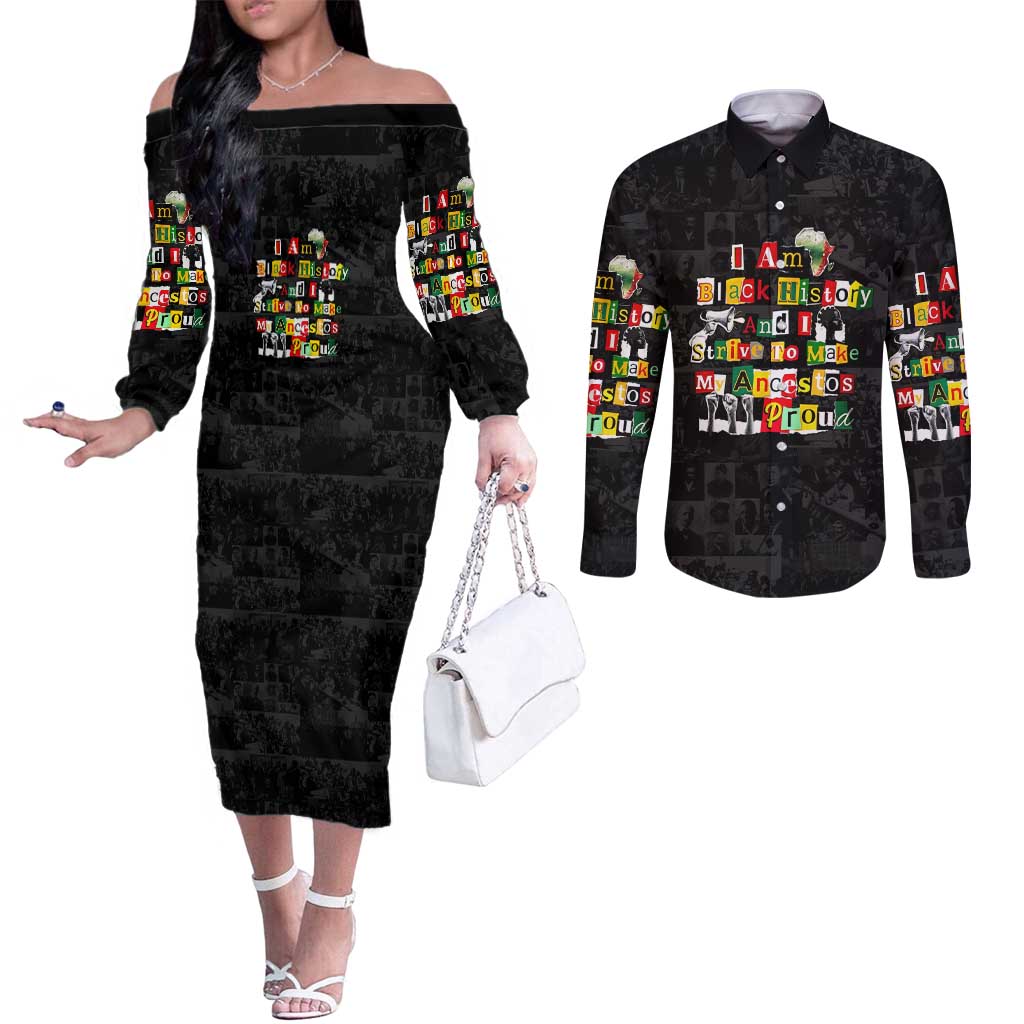 I Am Black History And I Strive To Make My Ancestor Proud Couples Matching Off The Shoulder Long Sleeve Dress and Long Sleeve Button Shirt with Ancestral Collage Background and Afrocentric Lettering - Wonder Print Shop