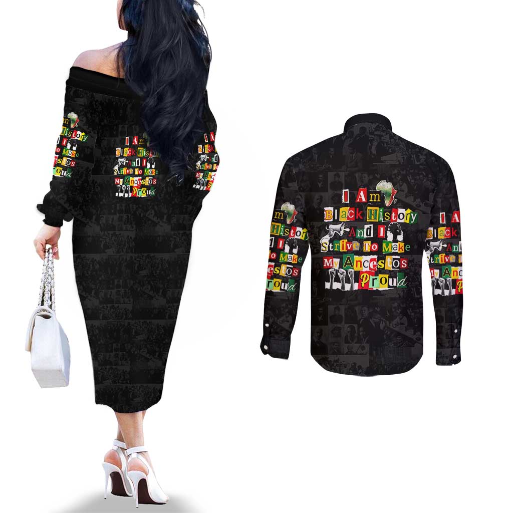 I Am Black History And I Strive To Make My Ancestor Proud Couples Matching Off The Shoulder Long Sleeve Dress and Long Sleeve Button Shirt with Ancestral Collage Background and Afrocentric Lettering - Wonder Print Shop