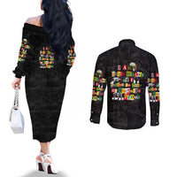 I Am Black History And I Strive To Make My Ancestor Proud Couples Matching Off The Shoulder Long Sleeve Dress and Long Sleeve Button Shirt with Ancestral Collage Background and Afrocentric Lettering - Wonder Print Shop