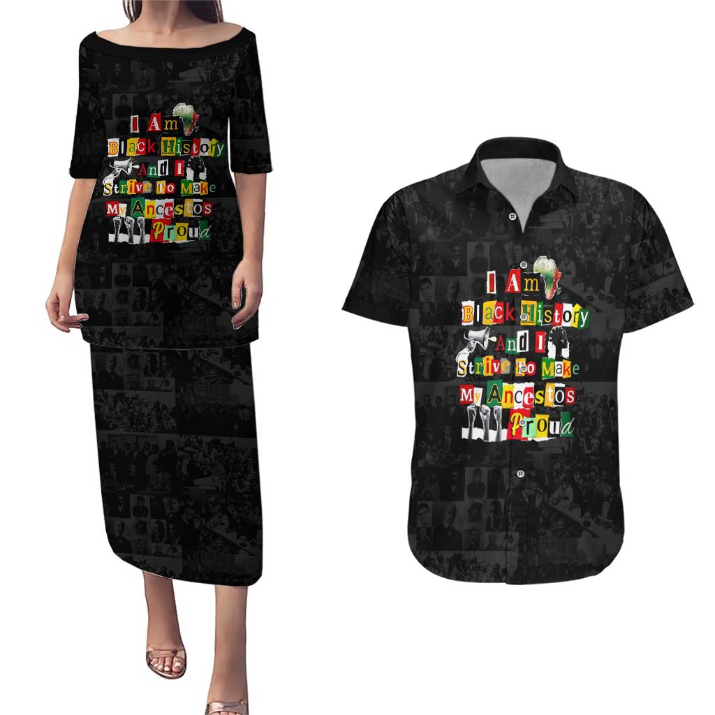 I Am Black History And I Strive To Make My Ancestor Proud Couples Matching Puletasi and Hawaiian Shirt with Ancestral Collage Background and Afrocentric Lettering - Wonder Print Shop