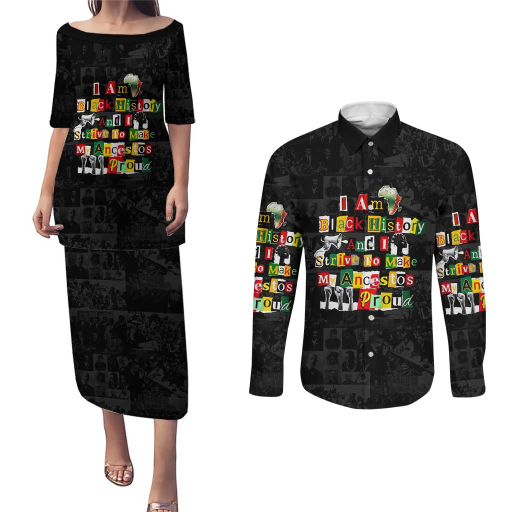 I Am Black History And I Strive To Make My Ancestor Proud Couples Matching Puletasi and Long Sleeve Button Shirt with Ancestral Collage Background and Afrocentric Lettering - Wonder Print Shop
