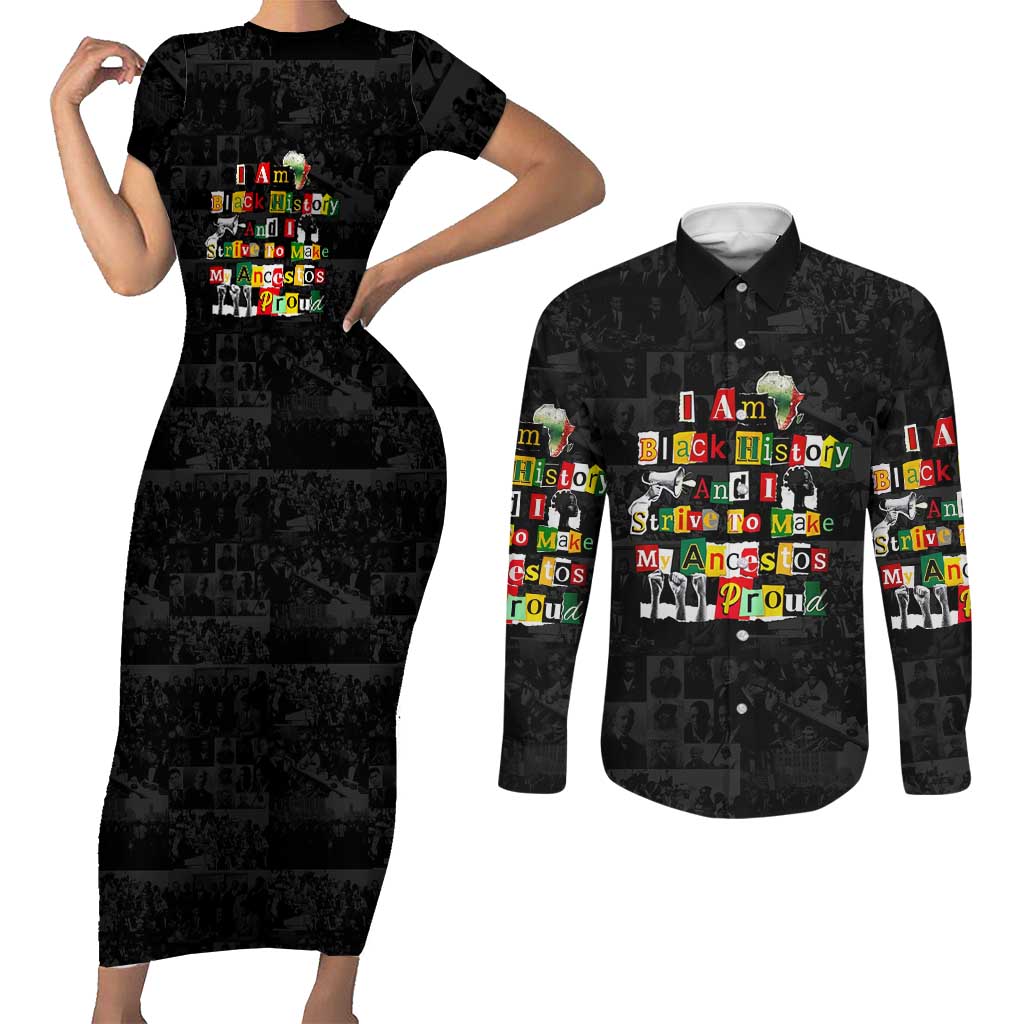 I Am Black History And I Strive To Make My Ancestor Proud Couples Matching Short Sleeve Bodycon Dress and Long Sleeve Button Shirt with Ancestral Collage Background and Afrocentric Lettering - Wonder Print Shop
