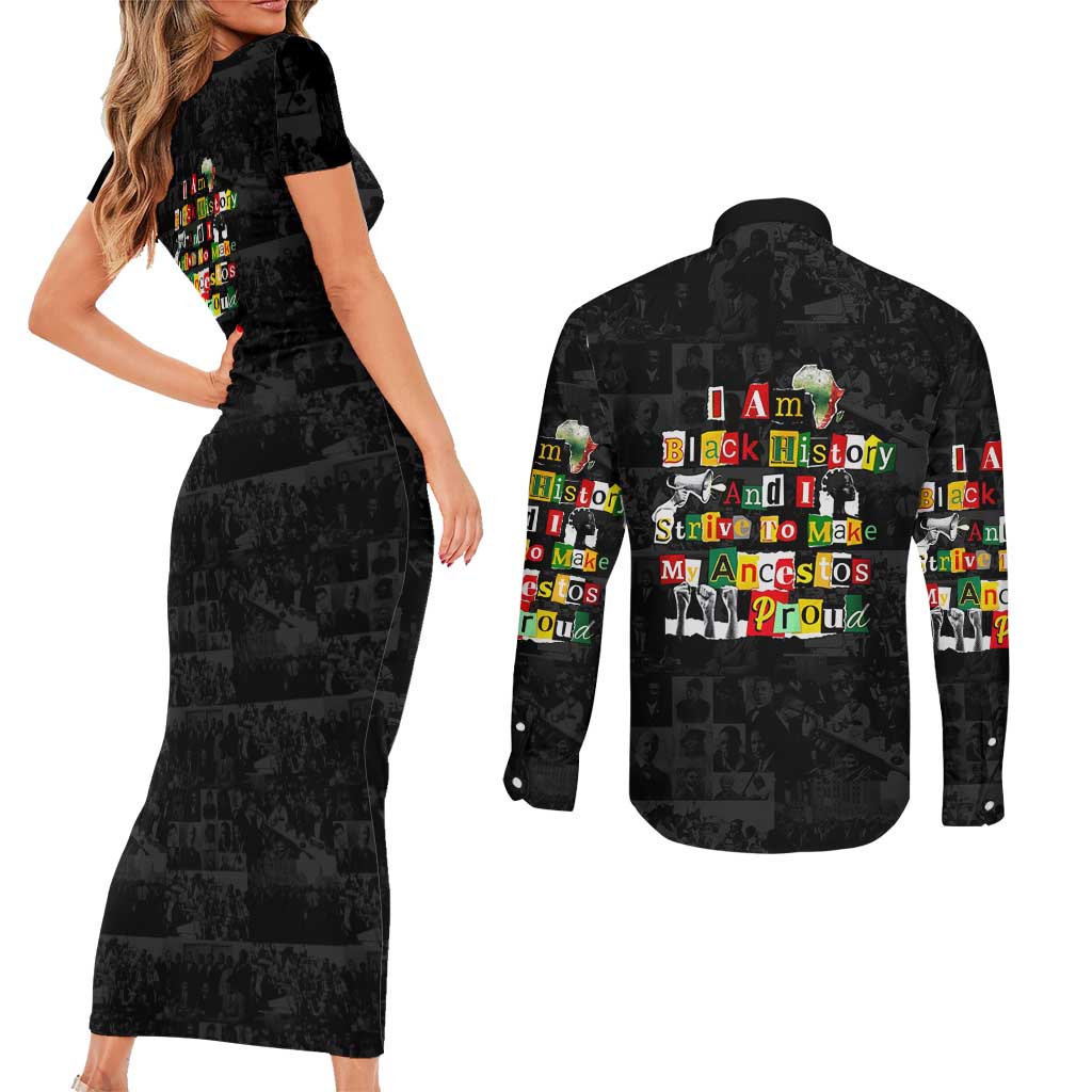 I Am Black History And I Strive To Make My Ancestor Proud Couples Matching Short Sleeve Bodycon Dress and Long Sleeve Button Shirt with Ancestral Collage Background and Afrocentric Lettering - Wonder Print Shop