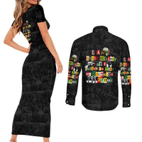 I Am Black History And I Strive To Make My Ancestor Proud Couples Matching Short Sleeve Bodycon Dress and Long Sleeve Button Shirt with Ancestral Collage Background and Afrocentric Lettering - Wonder Print Shop