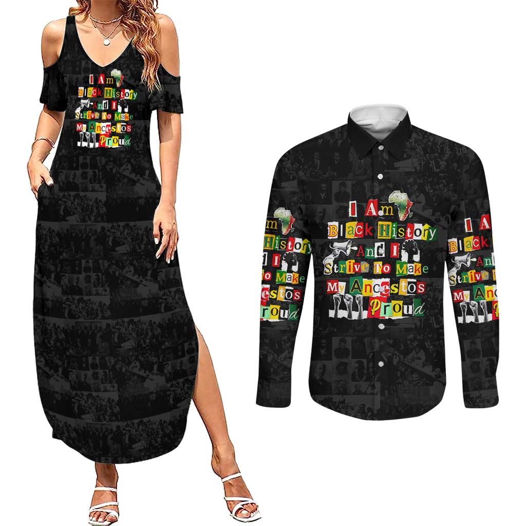 I Am Black History And I Strive To Make My Ancestor Proud Couples Matching Summer Maxi Dress and Long Sleeve Button Shirt with Ancestral Collage Background and Afrocentric Lettering - Wonder Print Shop
