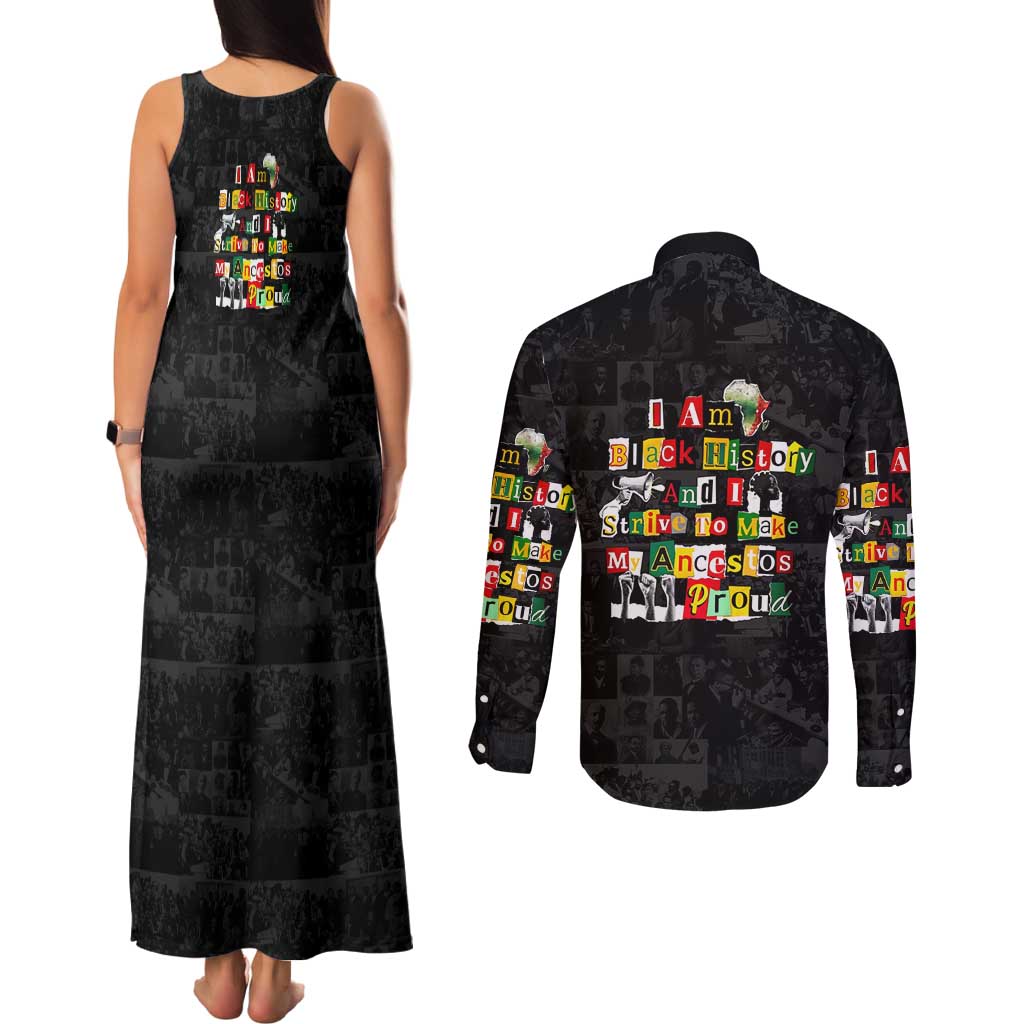 I Am Black History And I Strive To Make My Ancestor Proud Couples Matching Tank Maxi Dress and Long Sleeve Button Shirt with Ancestral Collage Background and Afrocentric Lettering - Wonder Print Shop