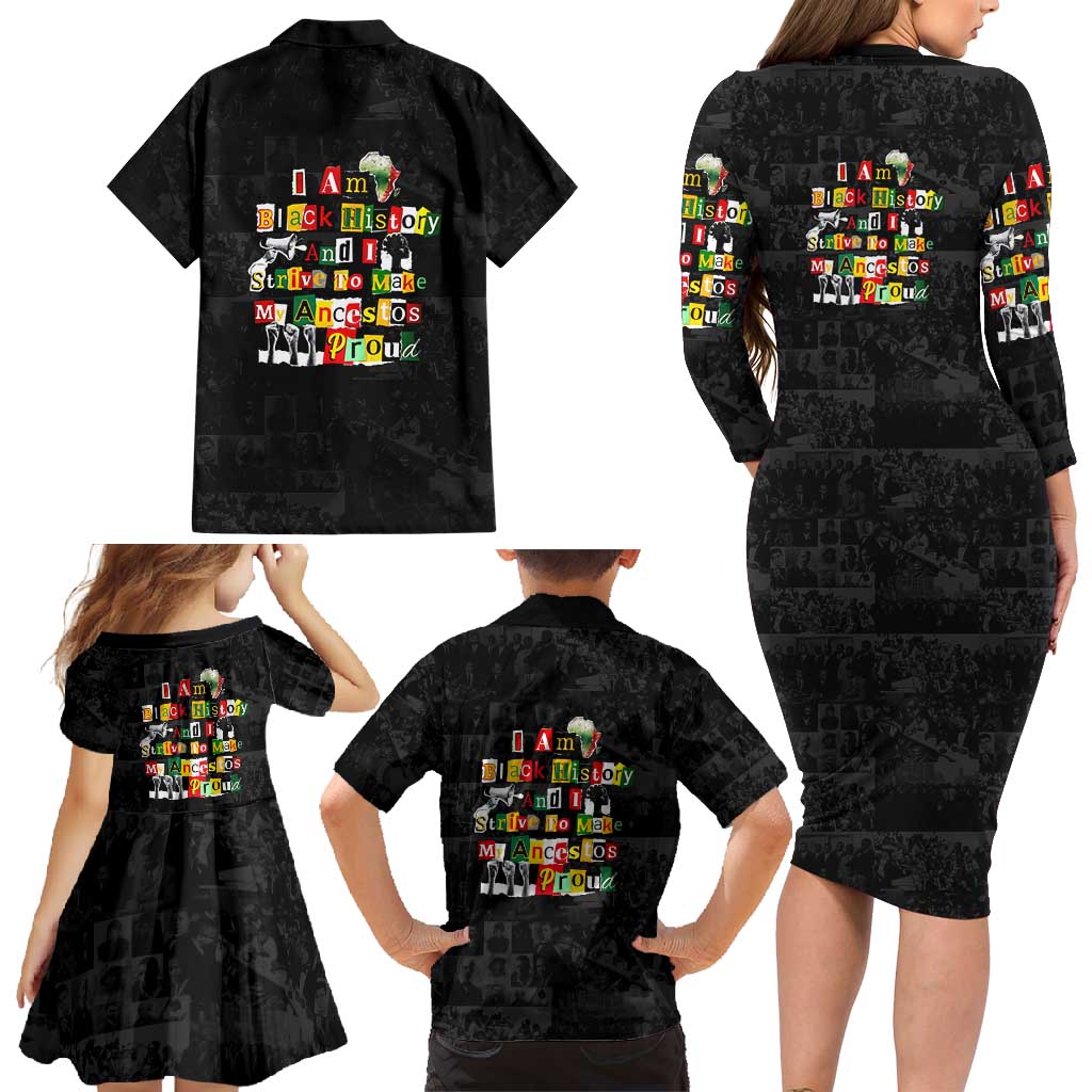 I Am Black History And I Strive To Make My Ancestor Proud Family Matching Long Sleeve Bodycon Dress and Hawaiian Shirt with Ancestral Collage Background and Afrocentric Lettering - Wonder Print Shop