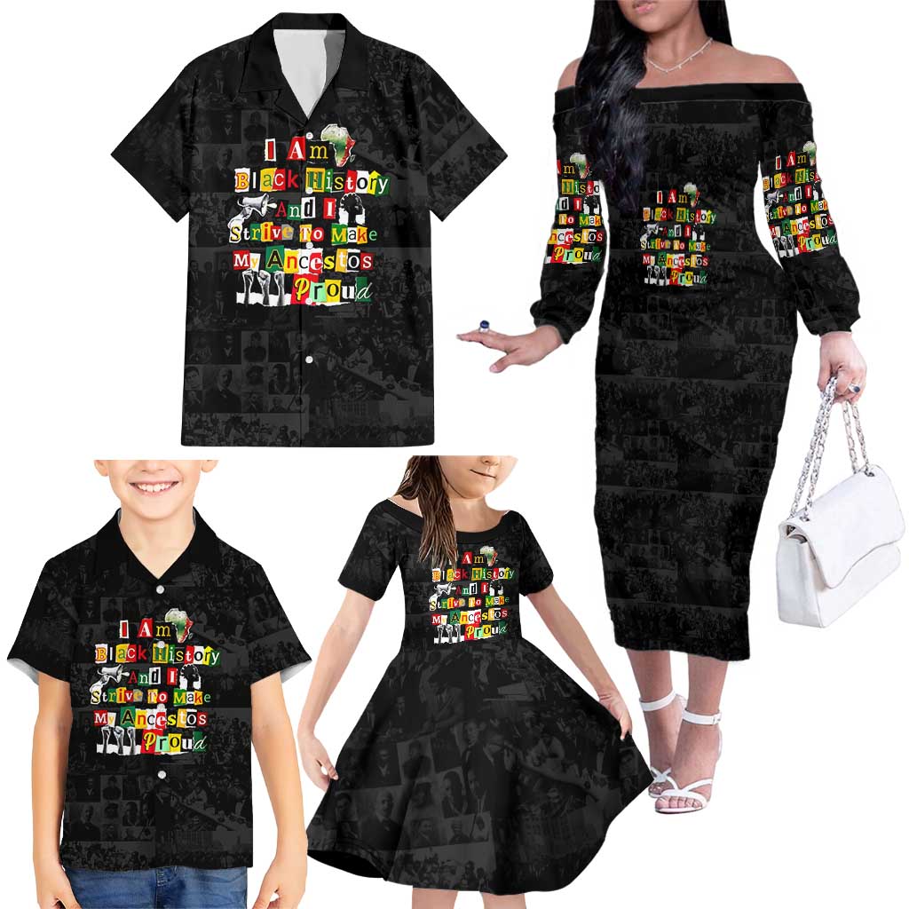 I Am Black History And I Strive To Make My Ancestor Proud Family Matching Off The Shoulder Long Sleeve Dress and Hawaiian Shirt with Ancestral Collage Background and Afrocentric Lettering - Wonder Print Shop