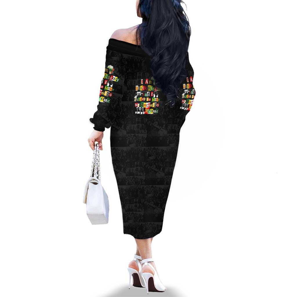 I Am Black History And I Strive To Make My Ancestor Proud Family Matching Off The Shoulder Long Sleeve Dress and Hawaiian Shirt with Ancestral Collage Background and Afrocentric Lettering - Wonder Print Shop