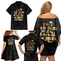 I Am Black History And I Strive To Make My Ancestor Proud Family Matching Off Shoulder Short Dress and Hawaiian Shirt with Ancestral Collage Background and Afrocentric Lettering - Wonder Print Shop