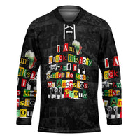 I Am Black History And I Strive To Make My Ancestor Proud Hockey Jersey with Ancestral Collage Background and Afrocentric Lettering - Wonder Print Shop