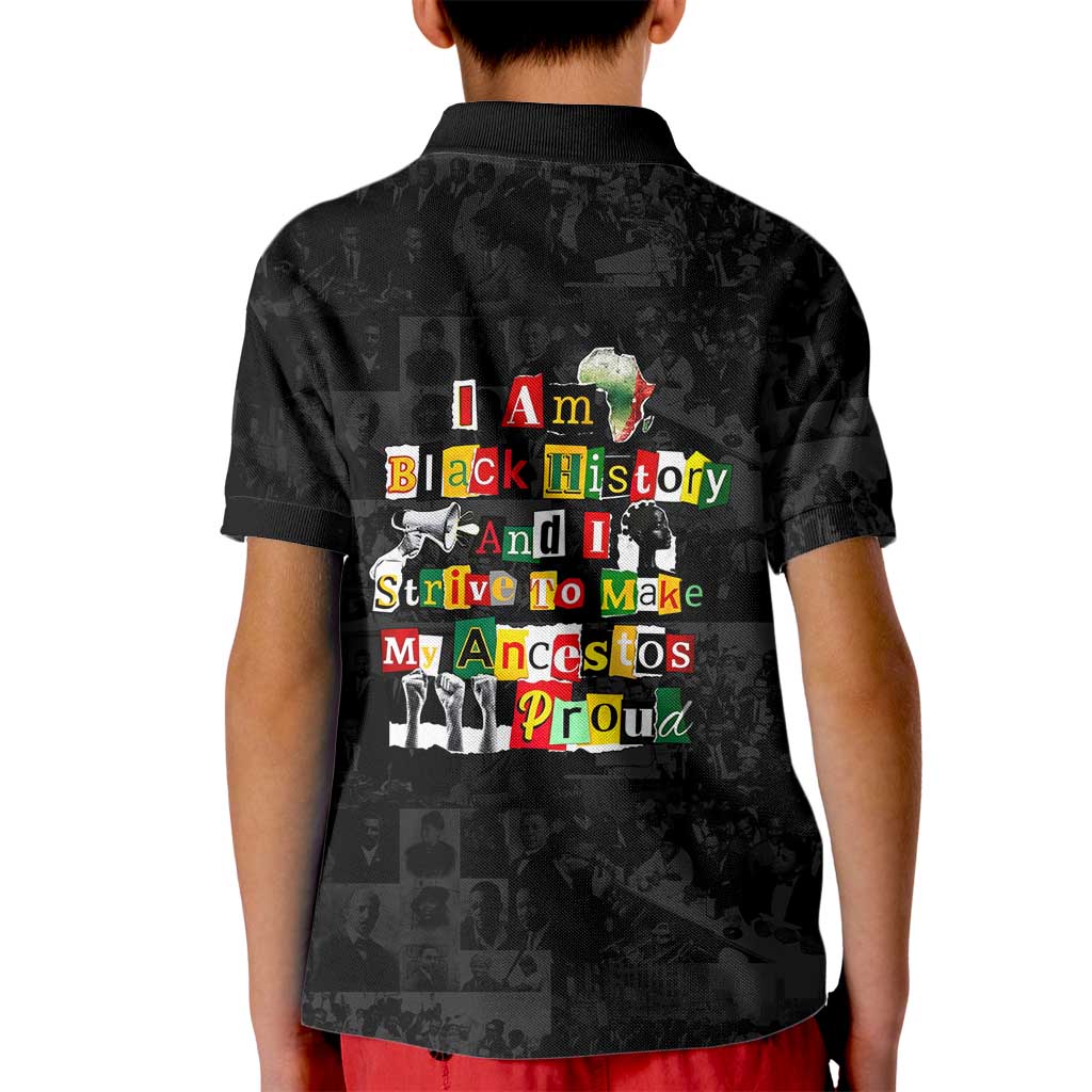 I Am Black History And I Strive To Make My Ancestor Proud Kid Polo Shirt with Ancestral Collage Background and Afrocentric Lettering - undefined