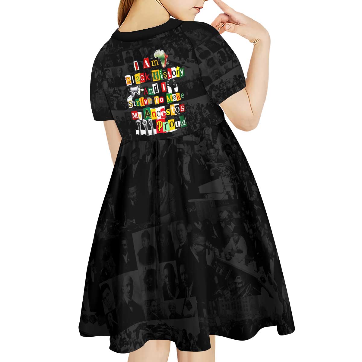 I Am Black History And I Strive To Make My Ancestor Proud Kid Short Sleeve Dress with Ancestral Collage Background and Afrocentric Lettering - Wonder Print Shop
