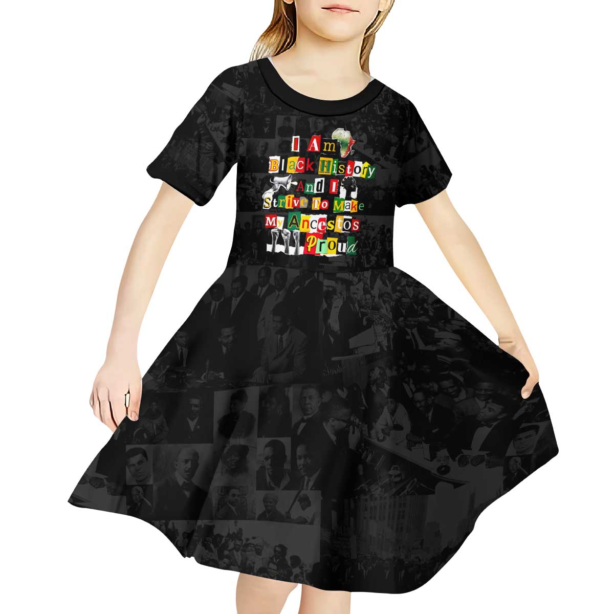 I Am Black History And I Strive To Make My Ancestor Proud Kid Short Sleeve Dress with Ancestral Collage Background and Afrocentric Lettering - Wonder Print Shop