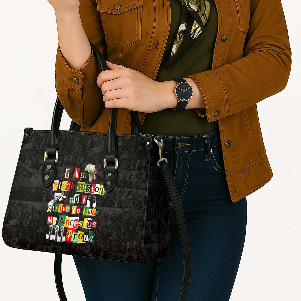 I Am Black History And I Strive To Make My Ancestor Proud Leather Bag with Ancestral Collage Background and Afrocentric Lettering - Wonder Print Shop