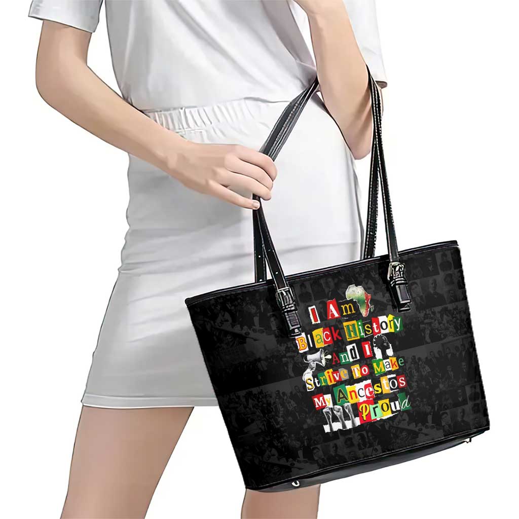 I Am Black History And I Strive To Make My Ancestor Proud Leather Tote Bag with Ancestral Collage Background and Afrocentric Lettering - Wonder Print Shop