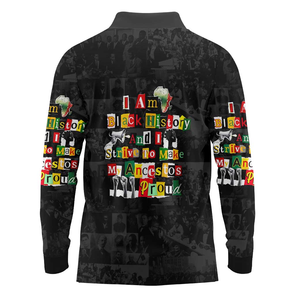 I Am Black History And I Strive To Make My Ancestor Proud Long Sleeve Polo Shirt with Ancestral Collage Background and Afrocentric Lettering - Wonder Print Shop