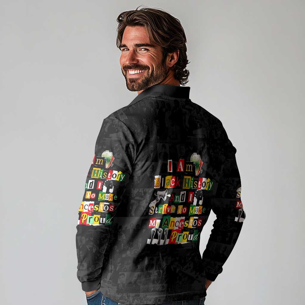 I Am Black History And I Strive To Make My Ancestor Proud Long Sleeve Polo Shirt with Ancestral Collage Background and Afrocentric Lettering - Wonder Print Shop
