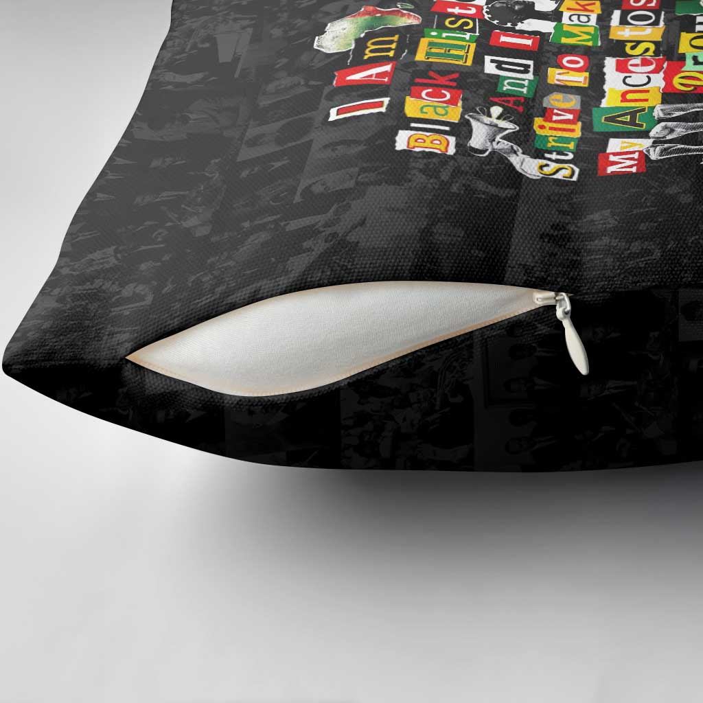 I Am Black History And I Strive To Make My Ancestor Proud Pillow Cover with Ancestral Collage Background and Afrocentric Lettering - Wonder Print Shop