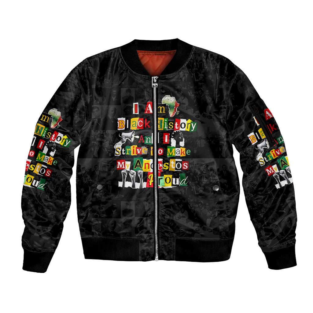 I Am Black History And I Strive To Make My Ancestor Proud Sleeve Zip Bomber Jacket with Ancestral Collage Background and Afrocentric Lettering - Wonder Print Shop