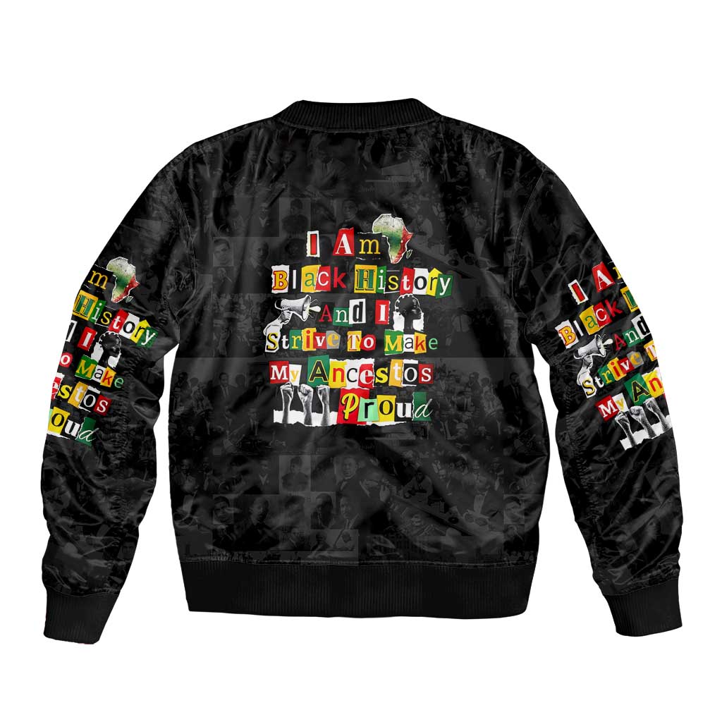 I Am Black History And I Strive To Make My Ancestor Proud Sleeve Zip Bomber Jacket with Ancestral Collage Background and Afrocentric Lettering - Wonder Print Shop
