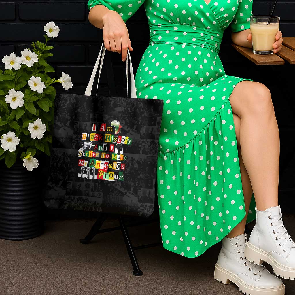 I Am Black History And I Strive To Make My Ancestor Proud Tote Bag with Ancestral Collage Background and Afrocentric Lettering - Wonder Print Shop