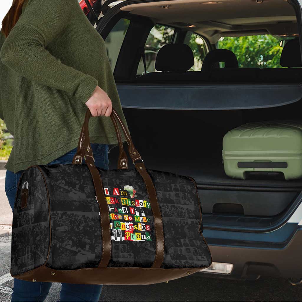 I Am Black History And I Strive To Make My Ancestor Proud Travel Bag with Ancestral Collage Background and Afrocentric Lettering - Wonder Print Shop