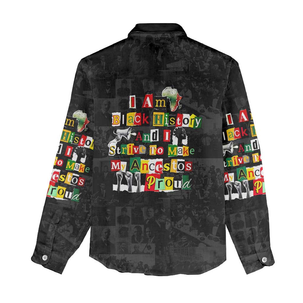 I Am Black History And I Strive To Make My Ancestor Proud Women Casual Shirt with Ancestral Collage Background and Afrocentric Lettering - Wonder Print Shop